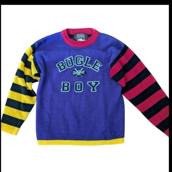 Bugle Boy Sweaters - Vtg 90s Bugle Boy Purple/Red/Black Yellow Striped Embroidered Sweater Sz xS